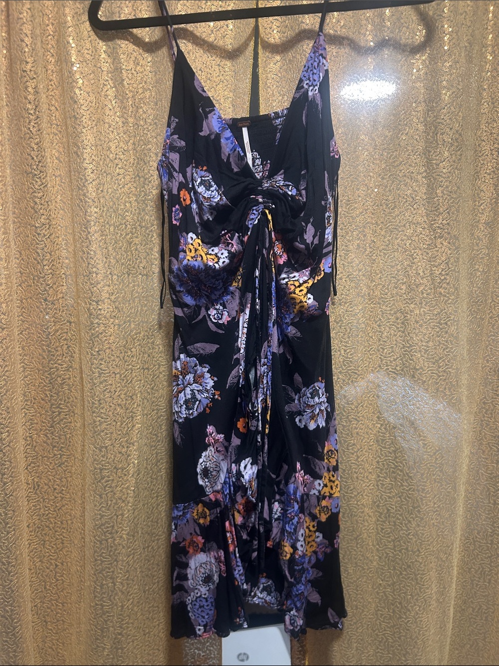 Free People Black Floral Tie-Front Midi Dress with Purple and Yellow Flowers